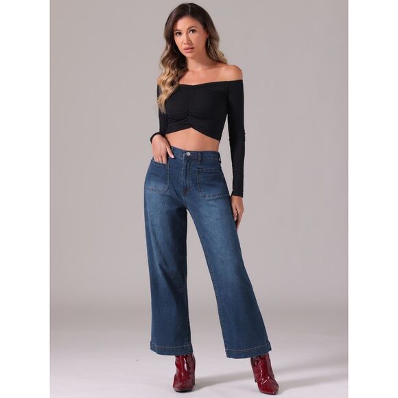 High Waisted Straight Leg Jeans Buttoned Loose Denim Pants Dark Blue - Picture 4 of 6